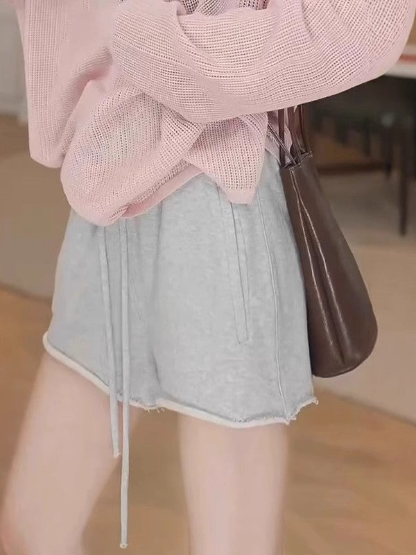 Böyük ölçülü qadınlar üçün boz rəngli elastik bel hissəli şortlar, yay üslubunda, dəbli, çoxfunksiyalı, arıqladıcı, yüksək belli gündəlik şalvar.