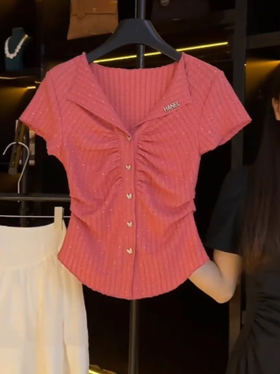 Moruqlu çəhrayı rəngli incə qısaqol köynək, böyük ölçülər üçün, yay, tək sinəli kəpənək formalı top