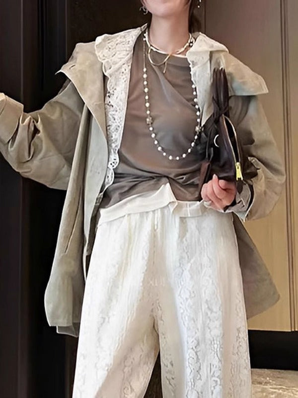 Qadın üçün böyük ölçülü krujeva ilə bəzədilmiş kapşonlu trençkot, yeni yaz stili, Avropa dəbi, boş forma, orta uzunluqlu köynək.
