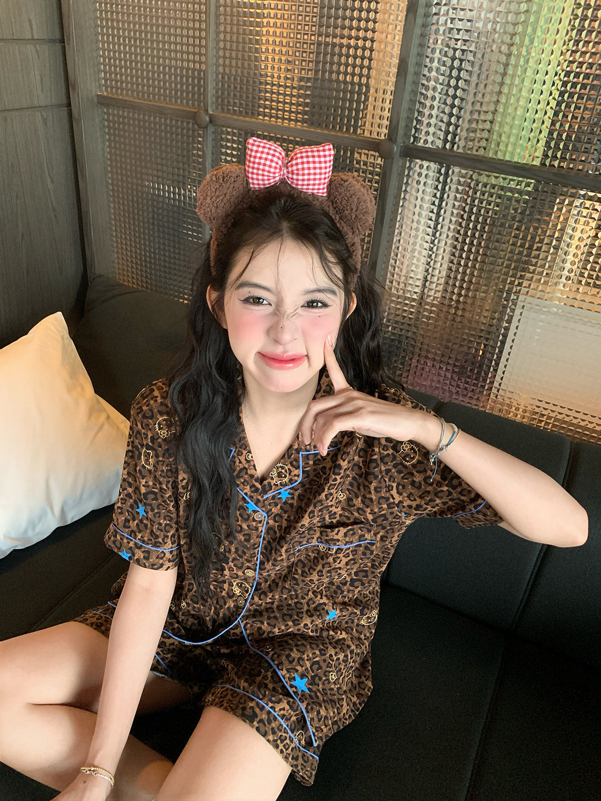 Xinbangbang beşguşəli ulduz bəbir çaplı yaxa pijama şalvar kostyumu yay yüngül və rahat qısaqol şort qadınlar üçün ev geyimi