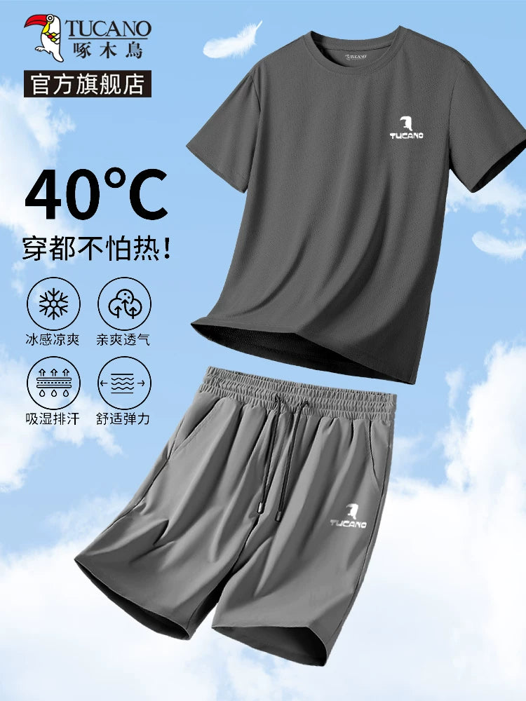 Woodpecker Dad Yay Kostyum 2026 Yeni Buz İpək Qısaqol T-shirt Kişi Tez Quruyan İdman Şortu Tam Dəst Y