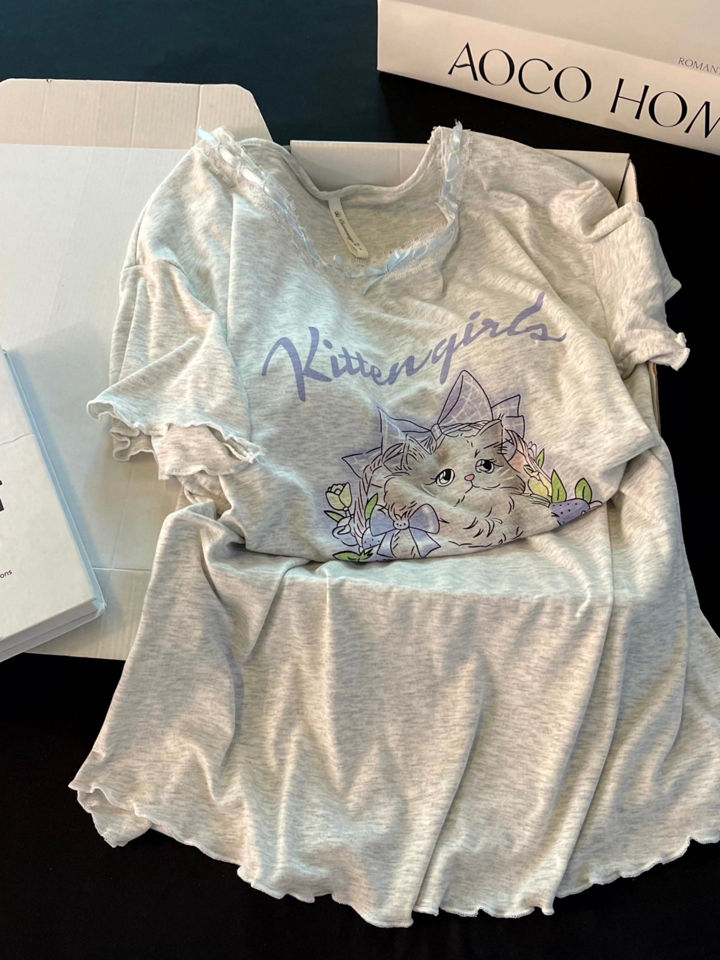 Qadınlar üçün moda gecə paltarı yay təmiz pambıq qısaqol pijama böyük ölçülü sərin döş yastığı ilə çiçək səbəti pişik yay ev geyimi