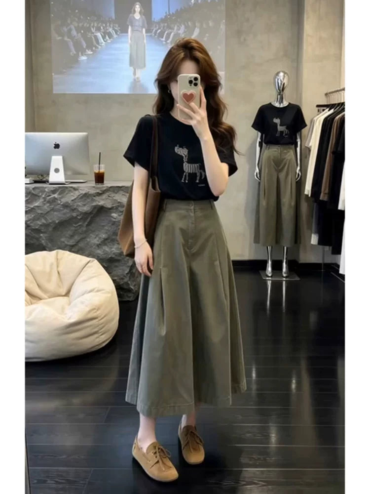 Qadınlar üçün unikal və gözəl erkən yay kostyumu, retro stil, nazik dəyirmi boyun, qısaqol köynək, rahat geniş paçalı şalvar və yubka, iki parça dəst
