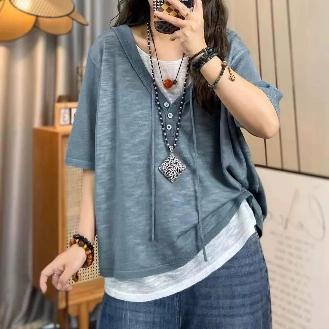 Böyük Ölçülü Yay Boş Başlıqlı Süni İki Parçalı Qısa Qollu Köynək Qadınlar üçün 2026 Yeni Gündəlik Çoxfunksiyalı Moda Rəngli Blok Top