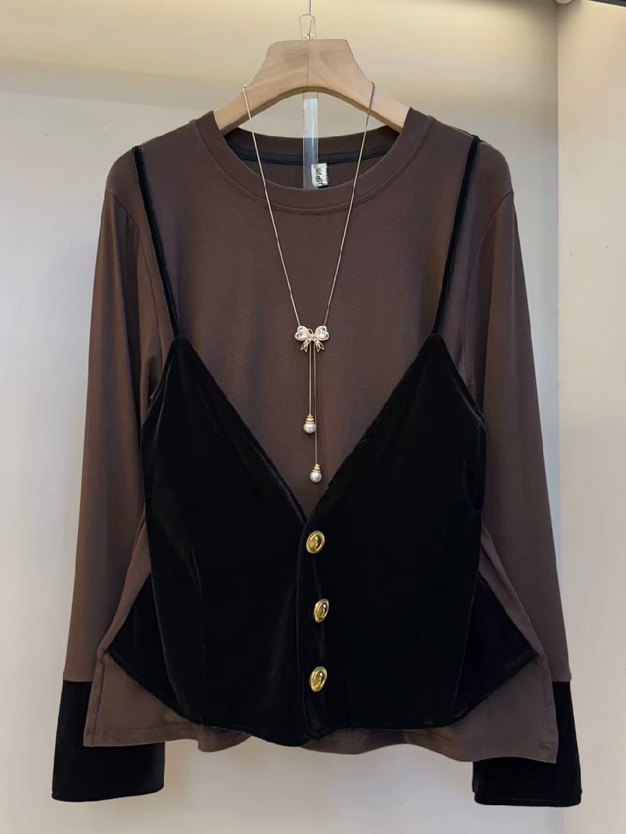 2025 Autumn/Winter Plus Size Women's Clothing - Super Cute Korean Style Casual Design, Lightweight Luxury Velvet Faux Two-Piece Camisole Top