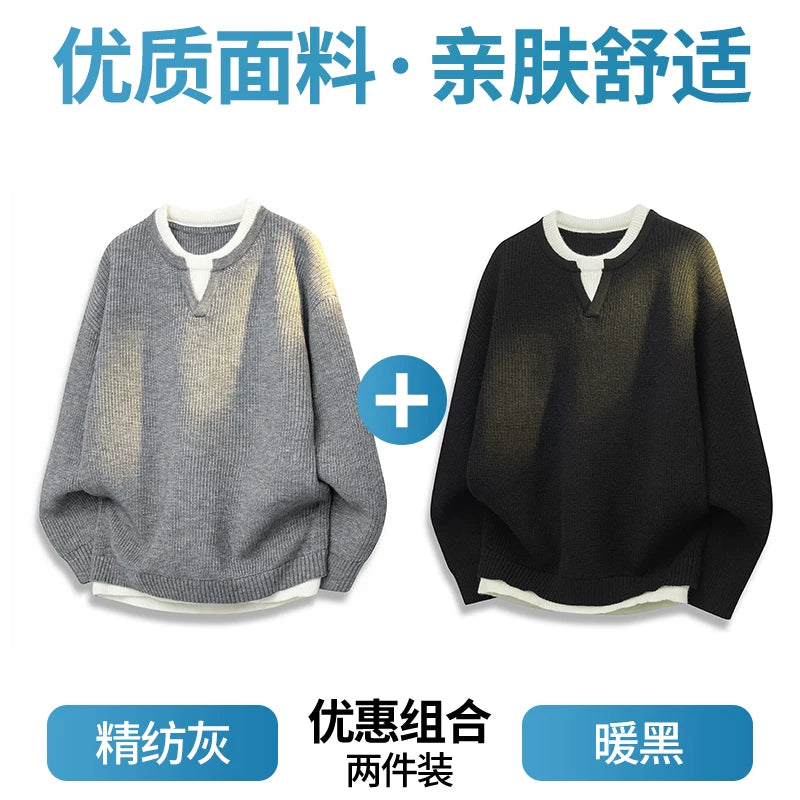 Romon Faux İki Hissəli Sviter Kişilər üçün 2025 Yeni Payız və Qış İsti Trikotaj Qalınlaşdırılmış Daxili Qatlı Kişi Topu