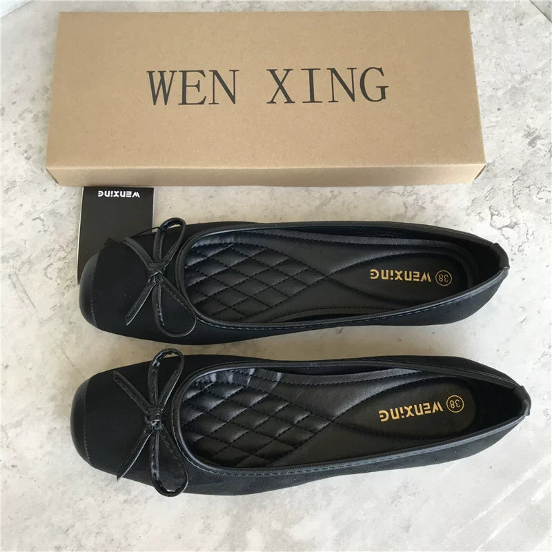 Yeni Avropa ixrac stilində qadın kvadrat burunlu düz ayaqqabılar, yumşaq dabanlı hamiləlik ayaqqabıları, bantlı düyünlü donuz burnu ayaqqabıları.