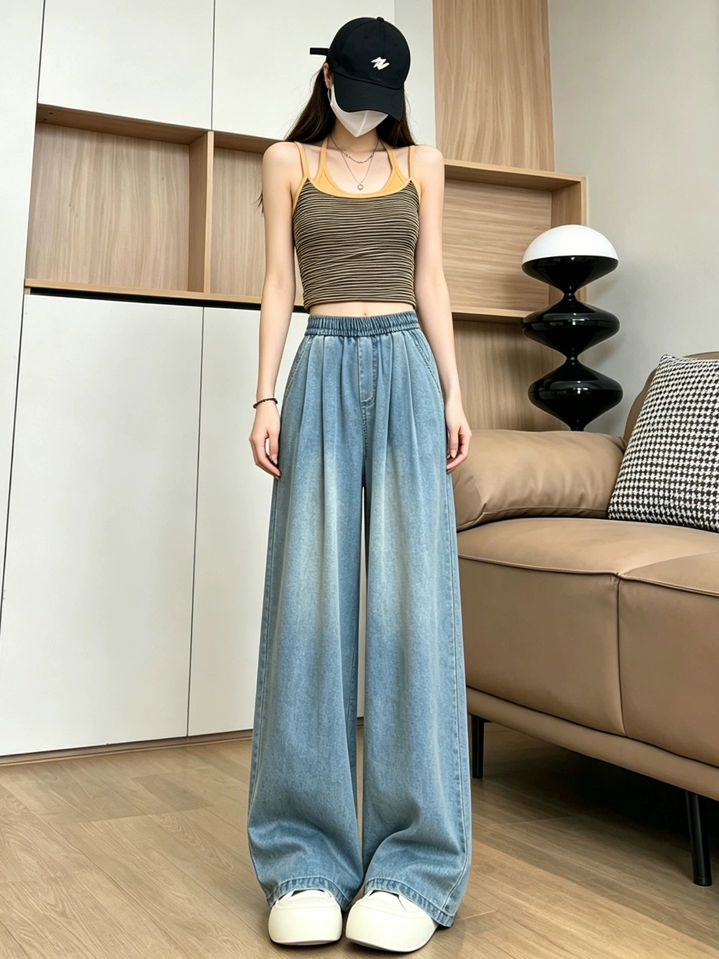 Tencel qadın cins şalvar, yay nazik, kiçik, elastik, yüksək belli, dar variant, düz, boş, drapey buz ipək enli paçalı şalvar