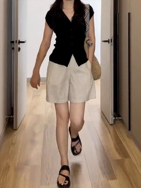 Qadınlar üçün Tencel Kətan Geniş Ayaqlı Şortlar, Yay Nazik Model, Böyük Ölçü, Yüksək Bel, Arıqladıcı, Boş Forma, Sadə və Gündəlik Beş Nöqtəli Şalvar