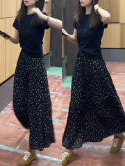 Əla görünüşlü yay paltarı ootd materialı qara qısaqol köynək çiçəkli yubka qadınlar üçün iki parça kostyum yubka