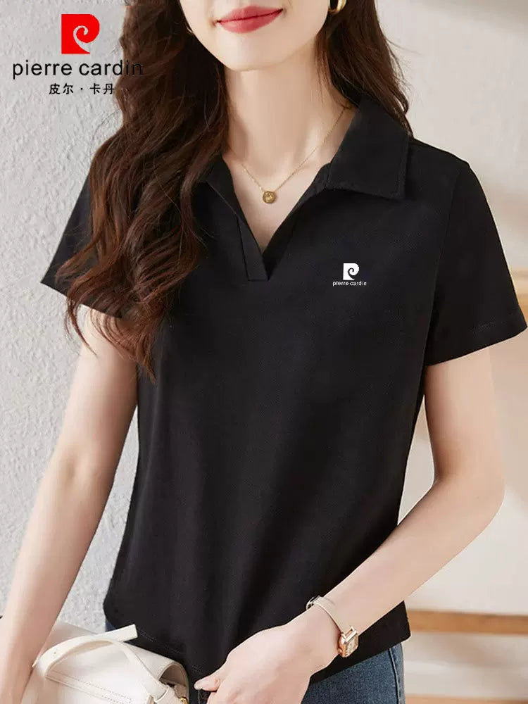 Pierre Cardin POLO köynək qısaqol köynək qadınlar üçün 2025 yeni yay boş böyük ölçülü yüngül təmiz pambıq nəfəs alan top