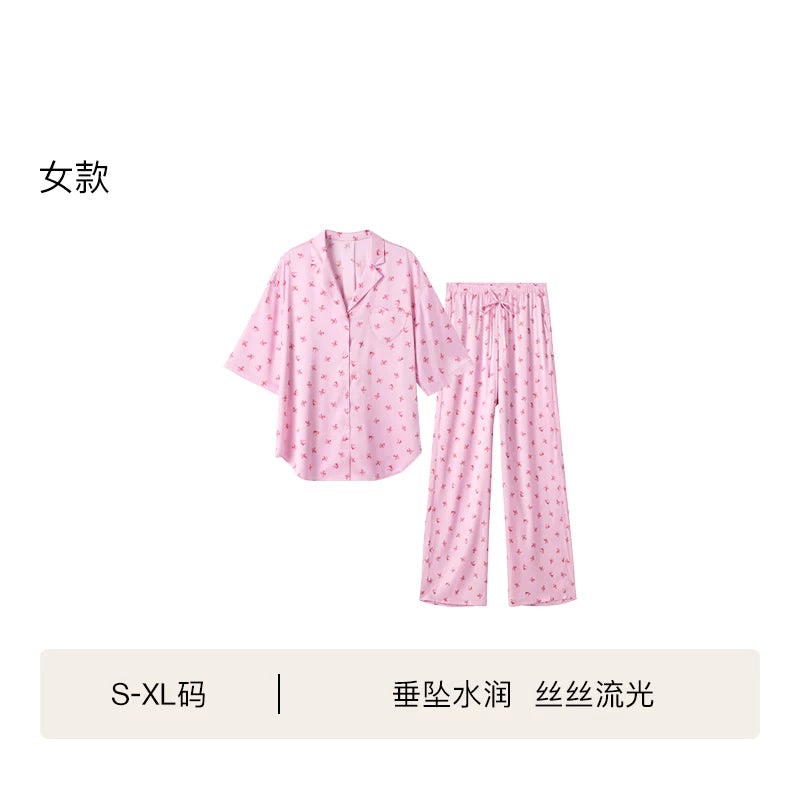 Yu Shuxinin eyni üslublu ubras streç ev geyimi qısaqol şalvar şort kostyum sinə yastığı ilə atlaz xarici geyimli pijama