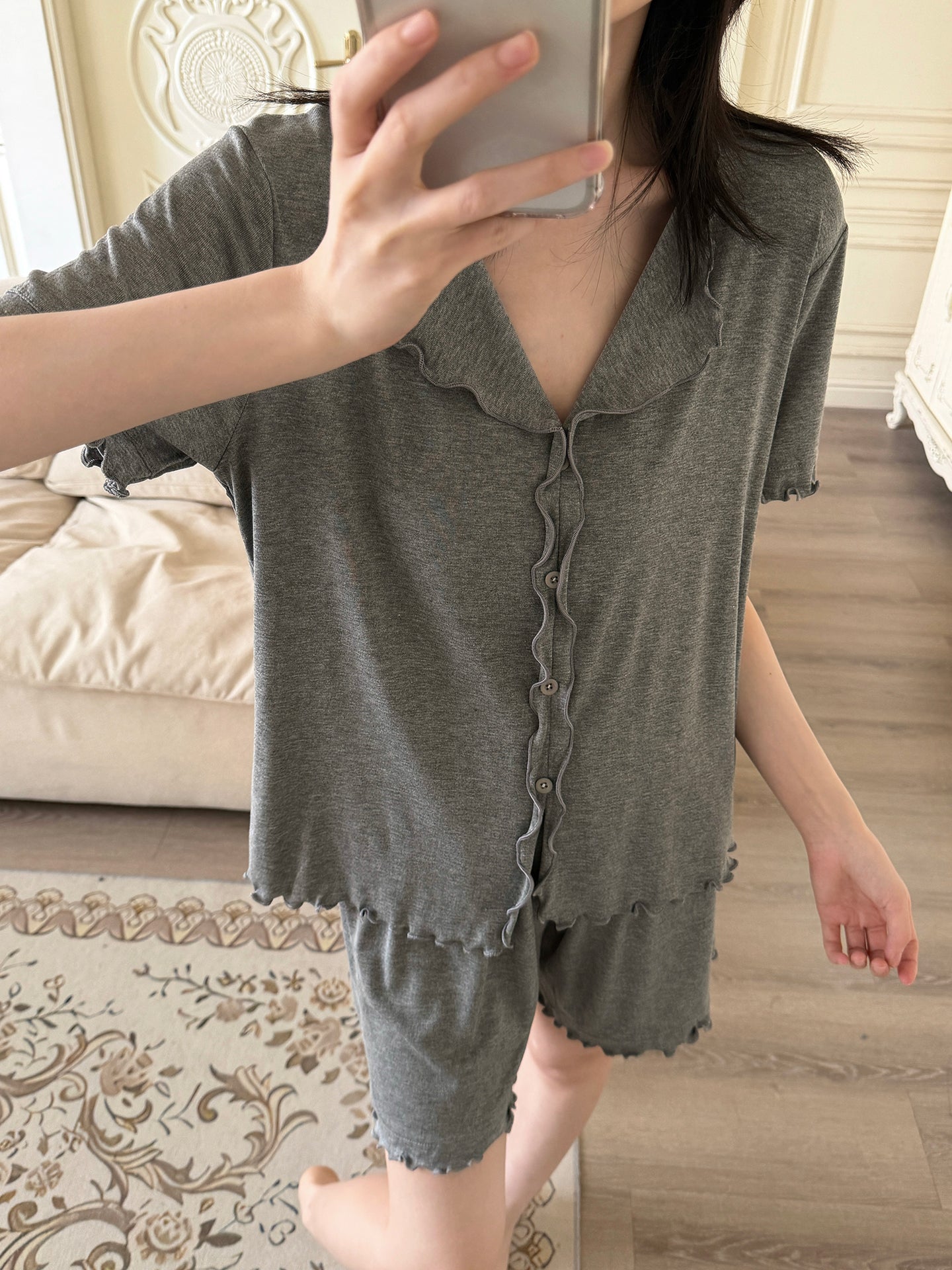 Qadınlar üçün pijama yay modal kiçik yaxa göbələk qısaqol şort nazik boş təsadüfi iki parça ev paltarı