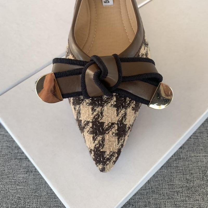 Uclu Düz Qadın Ayaqqabıları 2023 Yeni Houndstooth Bow Ladies S