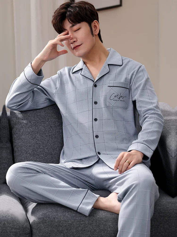 Langsha Kişilər üçün Təmiz Pambıq Pijama 2025 Yeni Yaz və Payız Nazik Uzunqollu Böyük Ölçülü Payız və Qış Kişilər üçün Ev Geyimləri Dəsti