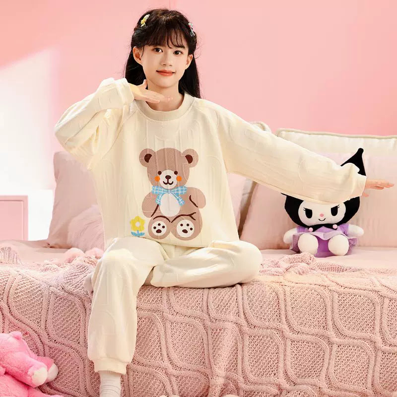 My Melody Qızları üçün Təmiz Pambıq Ev Geyimi, Payız və Qış, Böyük Uşaqlar üçün Üç Qatlı Yorğanlı Qalın İsti Pijamalar, Şirin Dəst