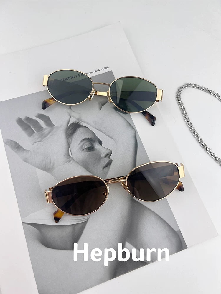 Fransız hepban triumph retro köhnə pul üslubunda oval metal günəş eynəyi qadın eynəkləri miyopi ilə niş modeli