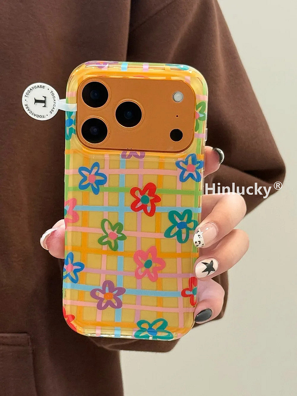 Hinlucky Koreya ins sarı fonda Apple 17 mobil telefon qutusu üçün uyğun rəngli ekose çiçəklər iphone16promax yeni 15 ikiqat qat 14 düşmə əleyhinə qoruyucu örtük 13 super gözəl görünüşlü 17pro niş