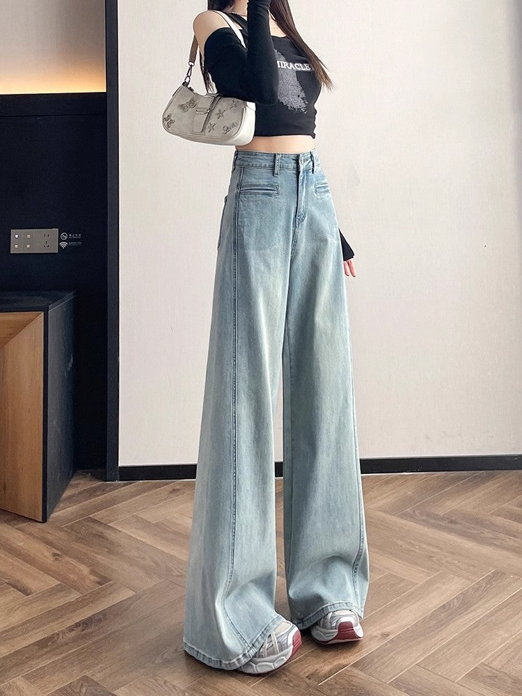 Qadınlar üçün mavi enli ayaqlı cins şalvar, 2026-cı ilin yazı, böyük ölçü, yüksək bel, dolğun, boş forma, arıqladıcı dizayn, əyri bıçaqlı şalvar