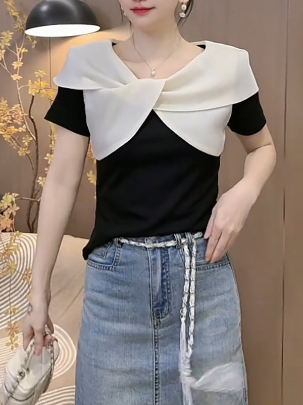 Dəbli və şık çarpaz yaxalı qısaqol köynək, yeni 2026-cı ilin yayı modası, böyük ölçüdə, qadınlar üçün unikal, gözəl və arıqladıcı top.
