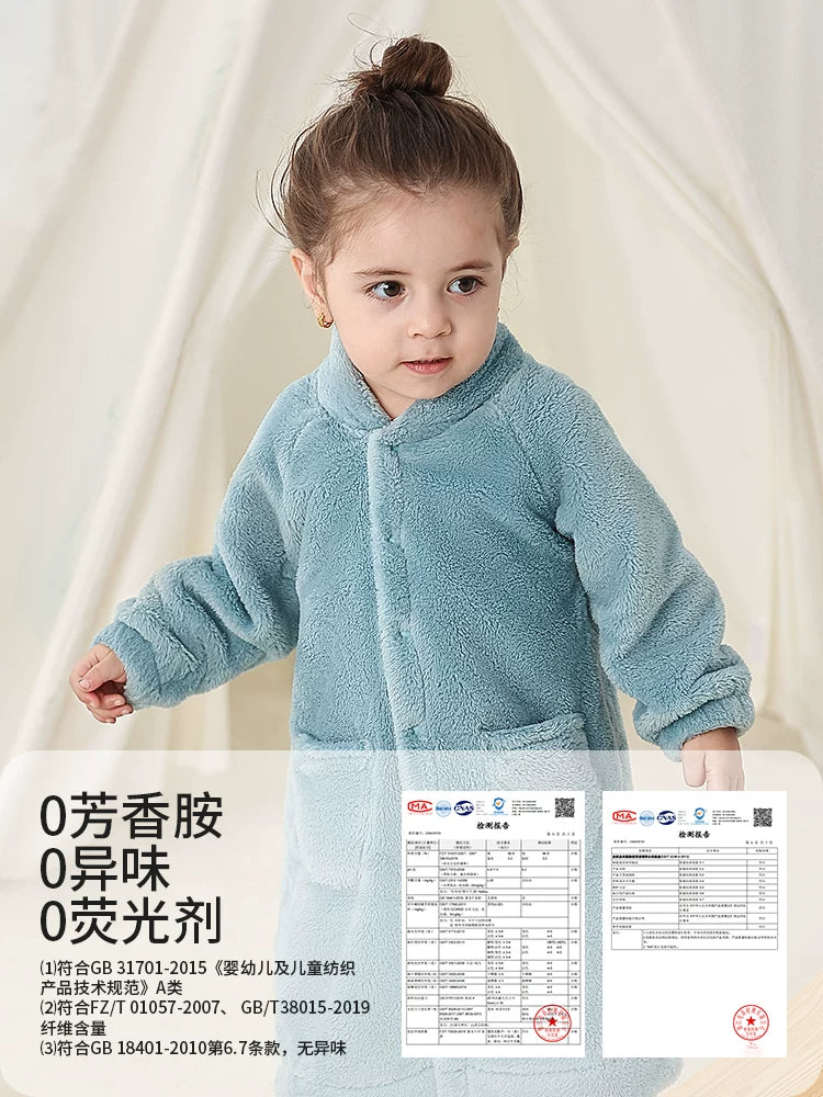 Körpə qış isti xalat, körpə pijamaları, oğlan və qızlar üçün yun astarlı, qalınlaşdırılmış uşaq mərcan yun ev xalat pijamaları