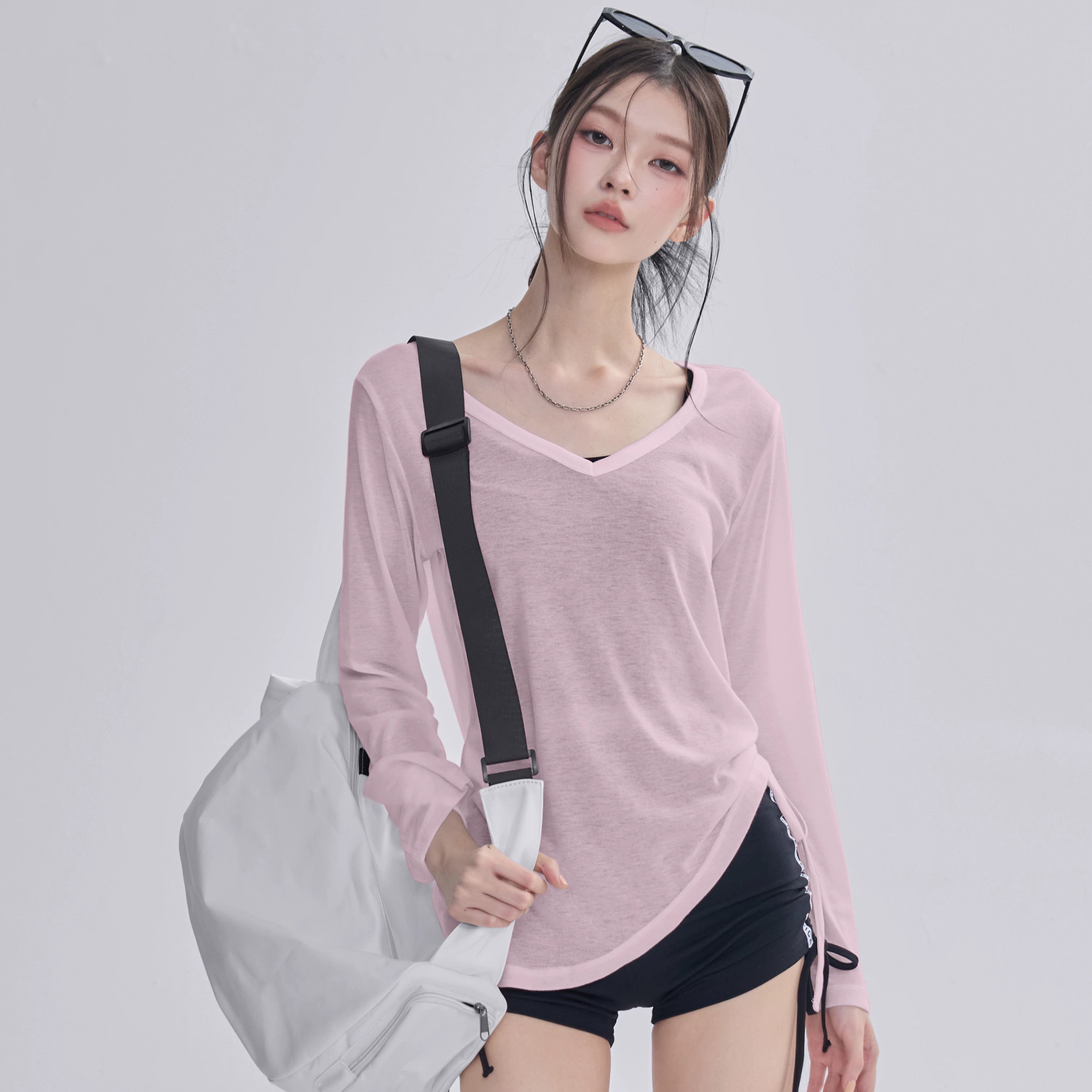 Qadınlar üçün yoqa paltarı bluza, boş arıqlayan uzunqol idman top, yaz və yay fitnes Pilates məşqi ipli nazik köynək