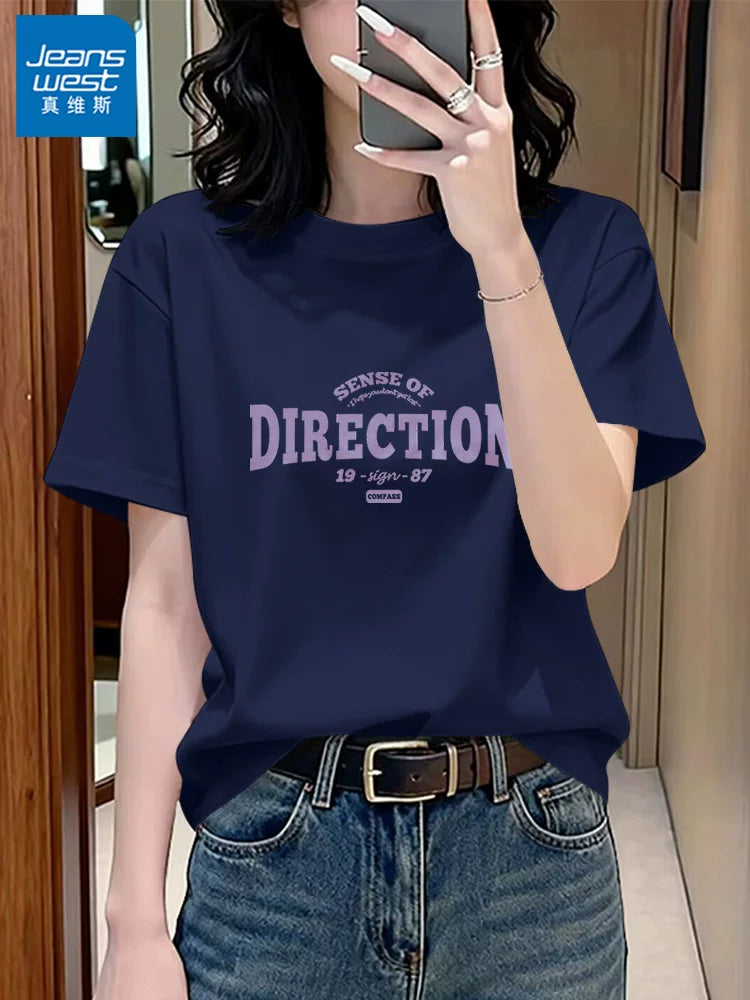 Jeanswest bənövşəyi boş pambıq qısaqol qadın 2026 yayı yeni Koreya üslublu niş zirvələri kiçik orta məktəb şagirdləri yarımqol X