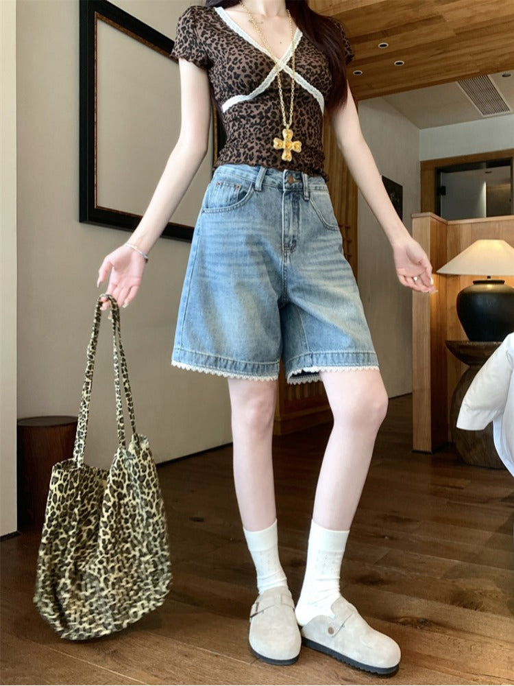 Qadınlar üçün böyük ölçülü retro mavi denim şortlar, yay üslubunda, yüksək belli, arıqladıcı, düz ayaqlı, geniş ayaqlı, A-xəttli, orta uzunluqlu şortlar.