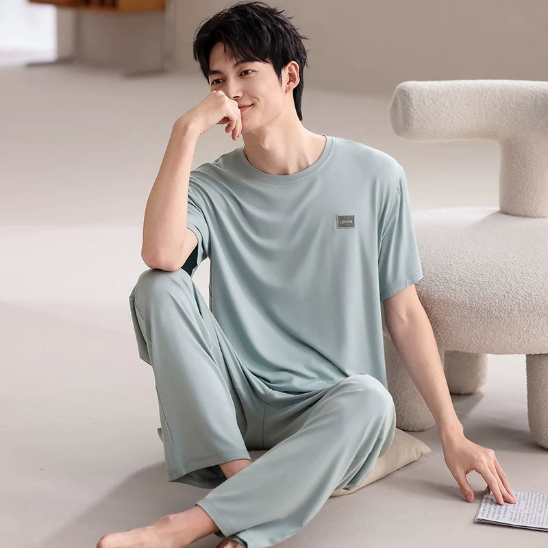 Catman Pijama Kişi Yay Buz İpək İncə Qısaqol Şalvar 2026 Yeni Buz İpək Cool Feeling Ev Geyimi Böyük Ölçü Dəsti
