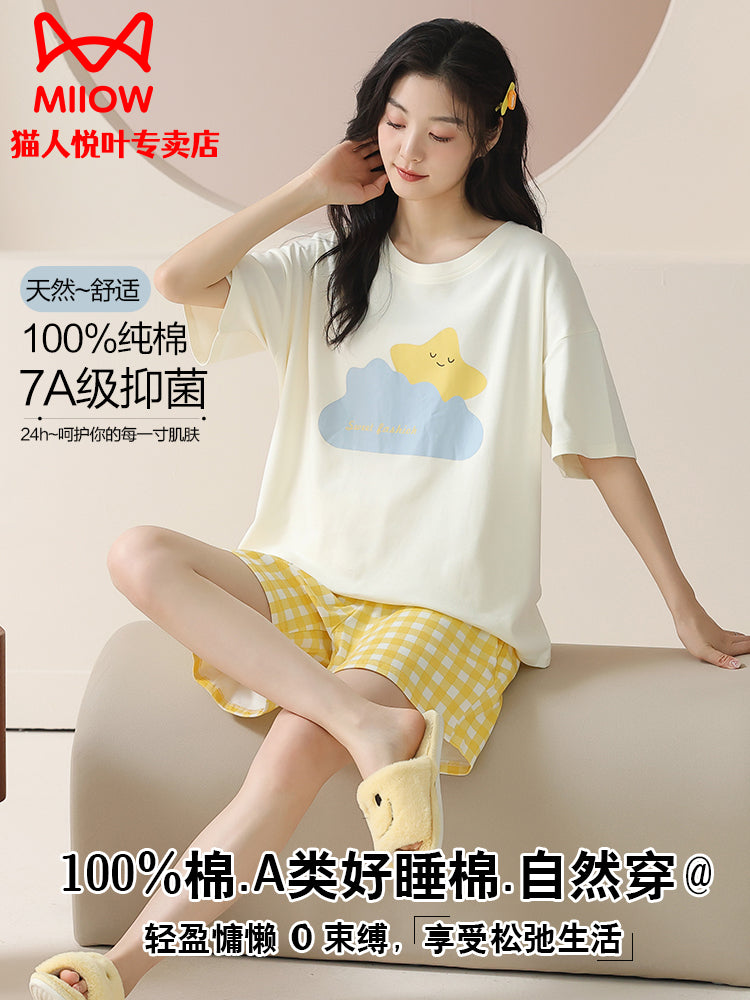 Catman pijama qadın xalis pambıq yay qısaqol şort 100% pambıq çöldə geyinmək olar böyük ölçülü qadın ev geyimi dəsti