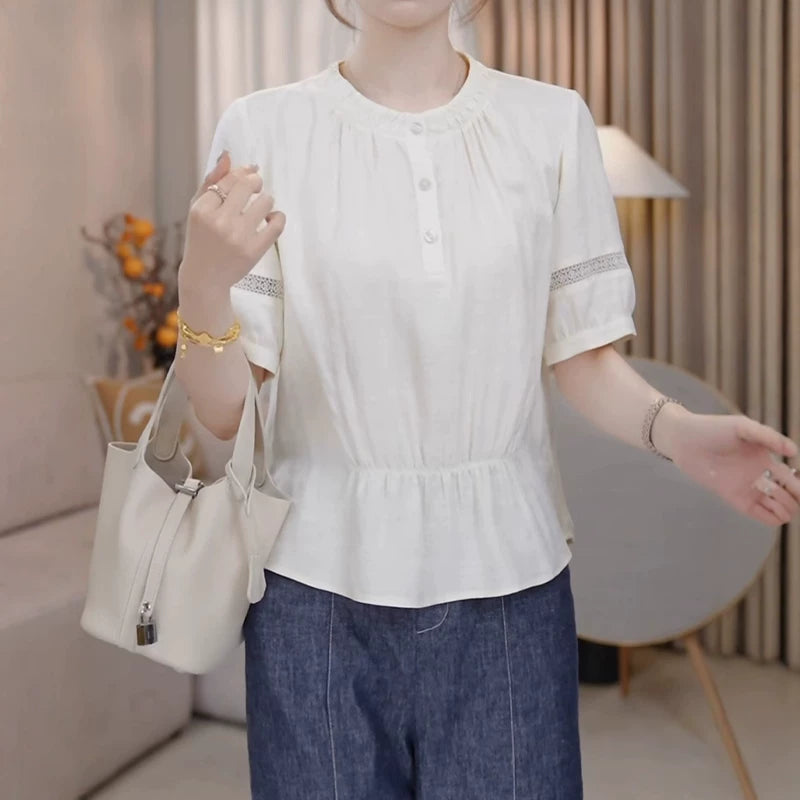 Böyük Ölçülü Qadın Geyimləri 2026 Yay Yeni Gəlişi: Dəbli Dəyirmi Yaxalı İncələdici Qırışlı Bel Qısa Qollu Köynək Top