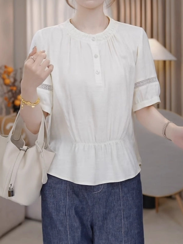 Böyük Ölçülü Qadın Geyimləri 2026 Yay Yeni Gəlişi: Dəbli Dəyirmi Yaxalı İncələdici Qırışlı Bel Qısa Qollu Köynək Top