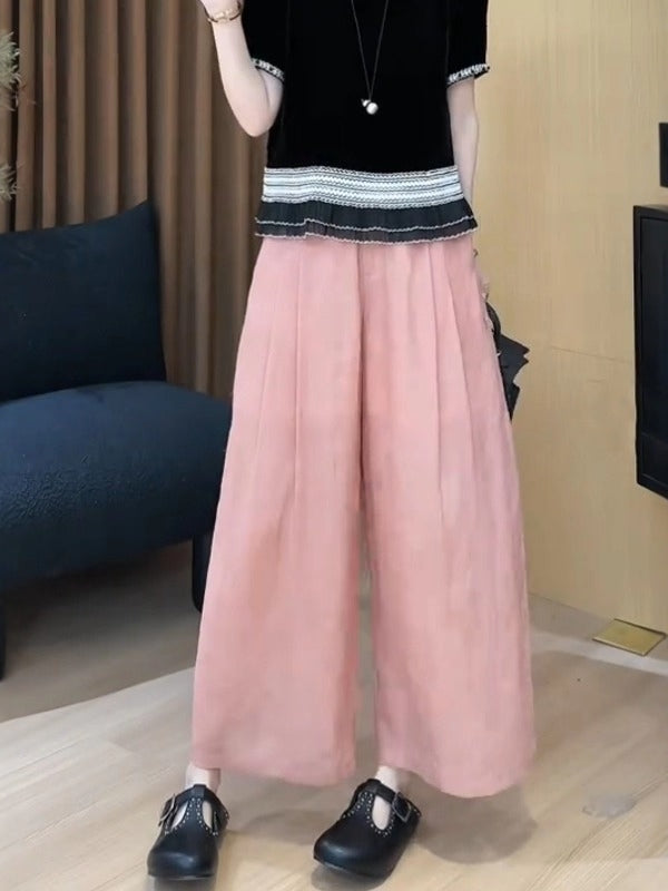 Kətan elastik bel ilə qısa, geniş şalvar, yay üçün nazik model, böyük ölçüdə, boş, nəfəs alan və armud formalı fiqurlar üçün tez quruyan.