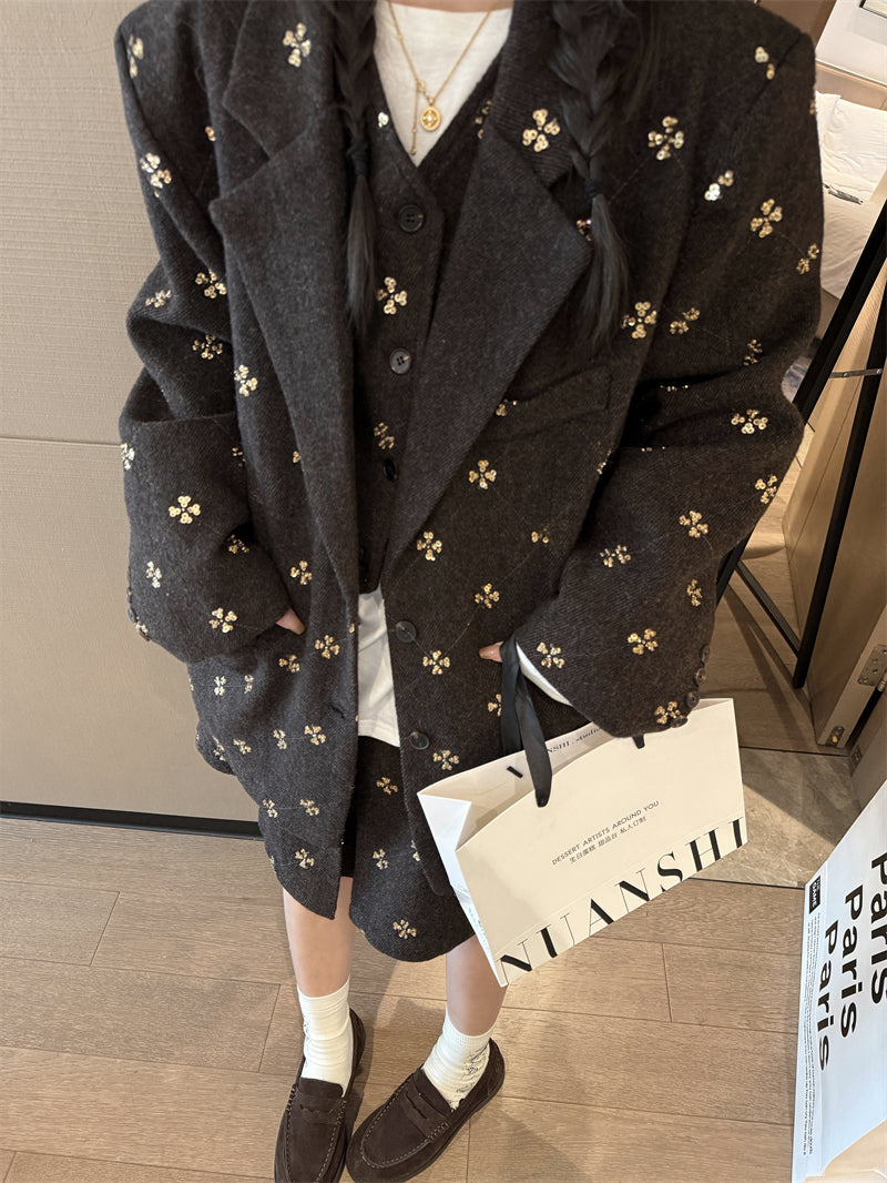 KKSTUDIO Qadınlar üçün Yüksək Səviyyəli Muncuqlu Böyük Ölçülü Yun Blazer, Payız Koreya Üslubunda, Nişli Gündəlik Kostyum