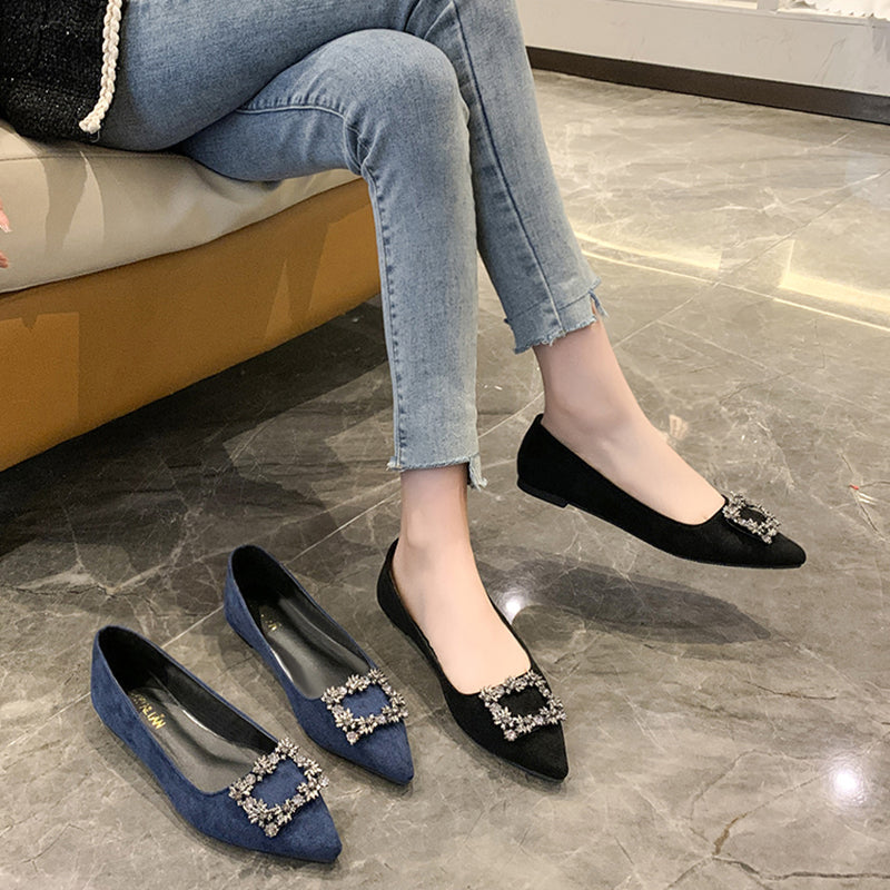 Qadınlar üçün 2025 Yeni Stil Zamşa Düz Rhinestone Tokalı Tək Ayaqqabı, Dayaz Ağız, Uclu Barmaq, Yumşaq Altlıq, Çoxfunksiyalı Qara Peşəkar İş Ayaqqabıları