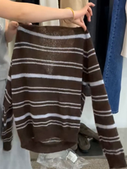 Brend geri çəkilib~ Böyük ölçülü qadın geyimləri, 2025 payız/qış üçün Koreya zolaqlı gündəlik köynək, V-yaxalı düyməli, arıqladıcı üslubda.