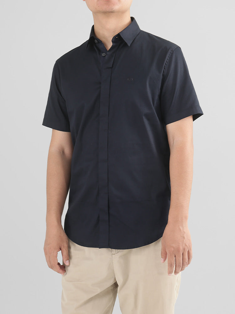 AX Armani Men's Cotton Slim Fit Button Down Collar Short Sleeve Shirt 8NZCBF ZN10Z