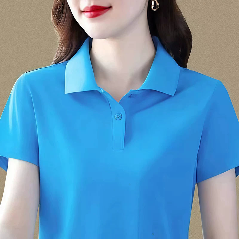 Buz ipək yaxa qısaqol düz rəngli köynək qadınlar üçün yay böyük ölçülü orta yaşlı ana yaxalıqlı üst arıqlayan tez quruyan polo köynək