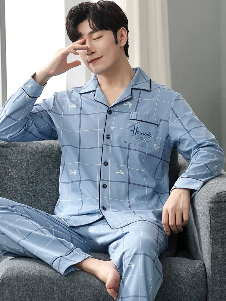 Langsha Kişilər üçün Təmiz Pambıq Pijama 2025 Yeni Yaz və Payız Nazik Uzunqollu Böyük Ölçülü Payız və Qış Kişilər üçün Ev Geyimləri Dəsti