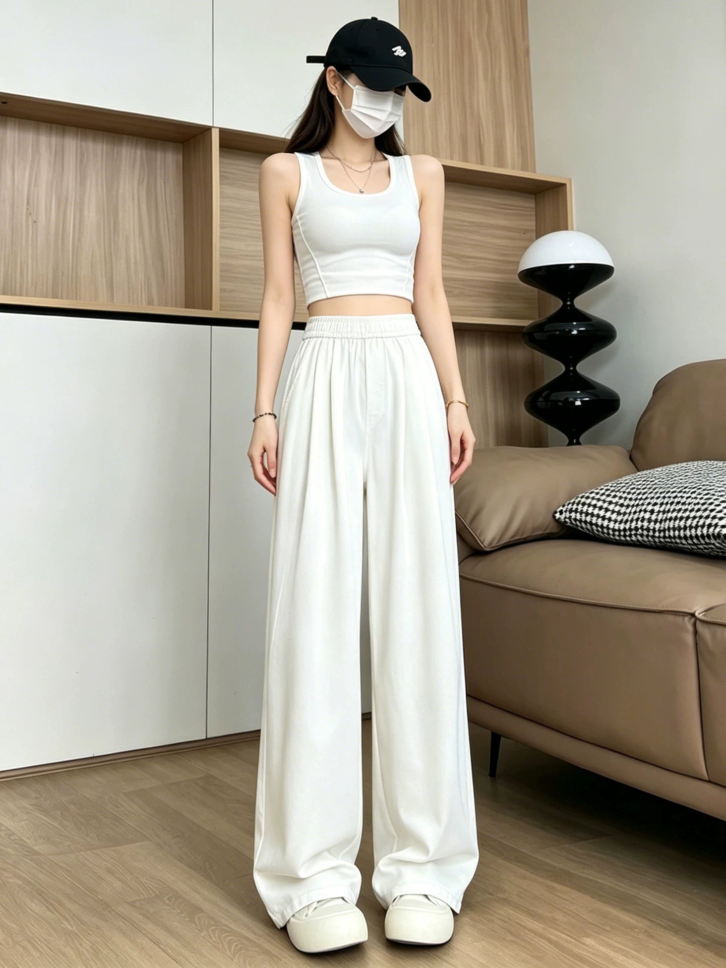 Tencel qadın cins şalvar, yay nazik, kiçik, elastik, yüksək belli, dar variant, düz, boş, drapey buz ipək enli paçalı şalvar
