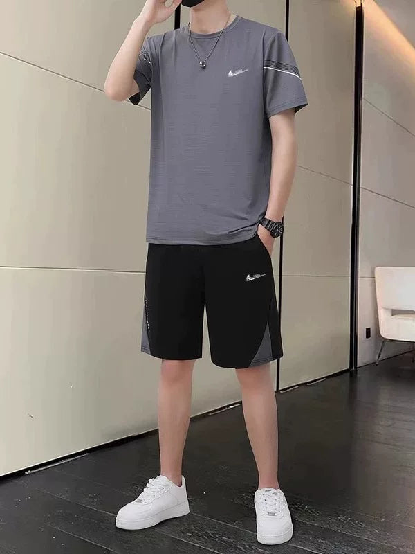 Niketon kişi idman kostyumu yay yeni buz ipək nəfəs ala bilən tez quruyan təsadüfi boş fitness qaçış iki hissəli dəst