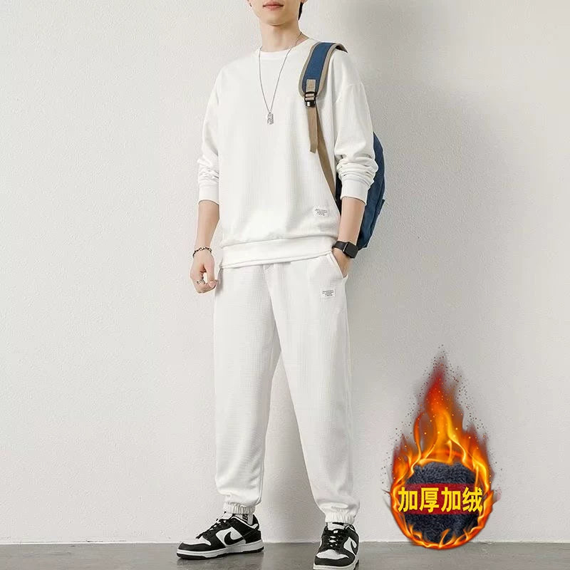 Endirimli Endirim: Kişilər üçün Gündəlik İdman Kostyumu, Böyük Ölçülü, Vafli Örgülü, Yun Astarlı, Payız və Qış üçün Qalın Sviter və Şalvar