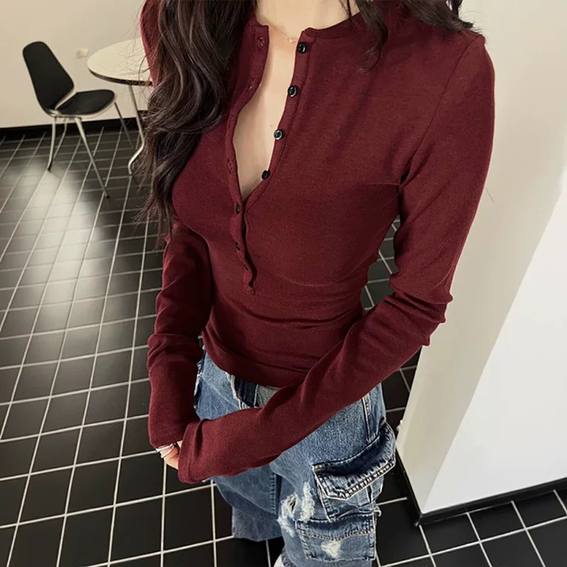 İncə Fit Uzun Qollu Futbolka Qadınlar üçün 2026 Yeni Model, Çiyinləri Müəyyən Edən Futbolka, Bir Az Qalın, Erkən Payız Daxili Qatlı Köynək, Ankera Qırmızı Top