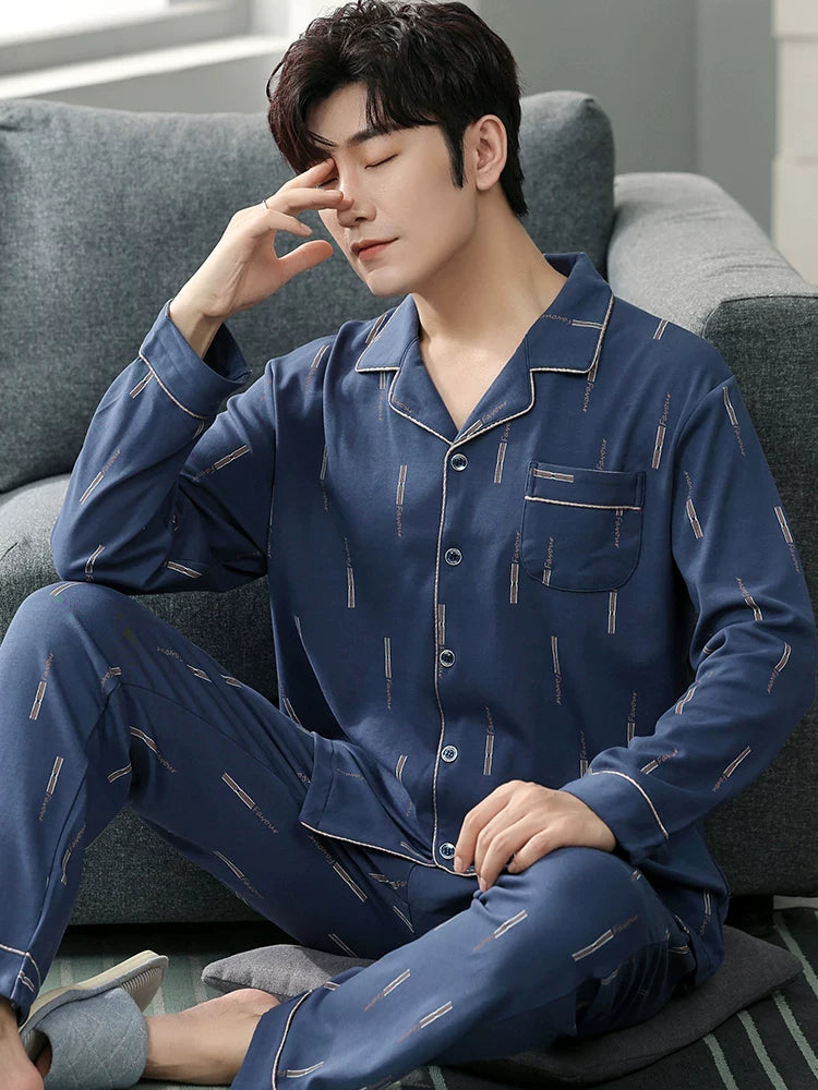 Langsha Kişilər üçün Təmiz Pambıq Pijama 2025 Yeni Yaz və Payız Nazik Uzunqollu Böyük Ölçülü Payız və Qış Kişilər üçün Ev Geyimləri Dəsti