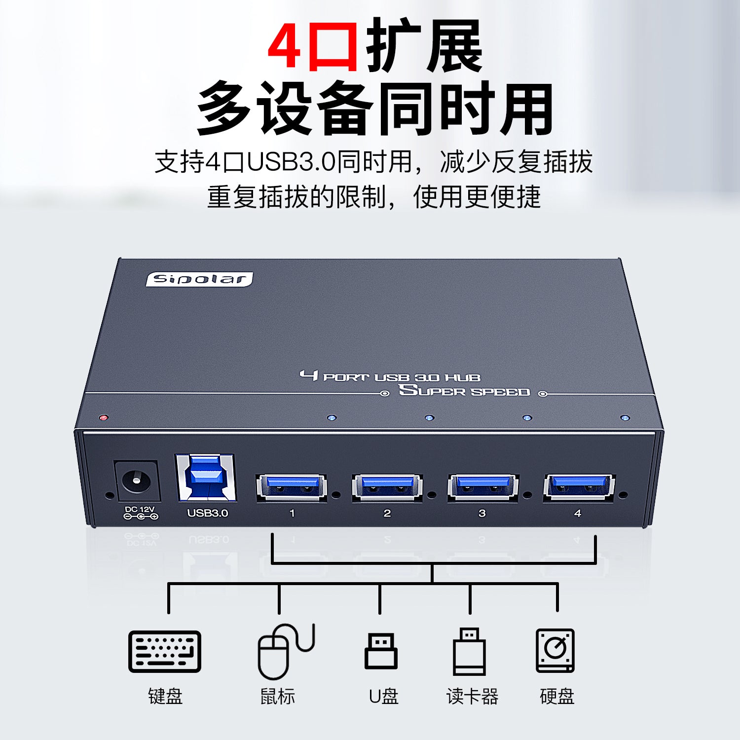Sipolar 4 portlu USB3.0 hub A-4U30 sənaye səviyyəli genişləndirmə USB yüksək sürətli genişləndirmə hub splitter 24W enerji təchizatı ilə