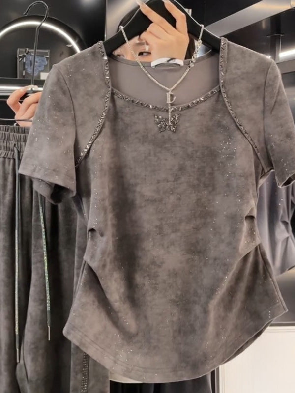 Qadınlar üçün Amerika retro tay-boya qısaqol futbolka, böyük ölçü, 2026-cı ilin yayı, bədən quruluşuna uyğun, qarın nahiyəsini gizlədən, qeyri-bərabər top.