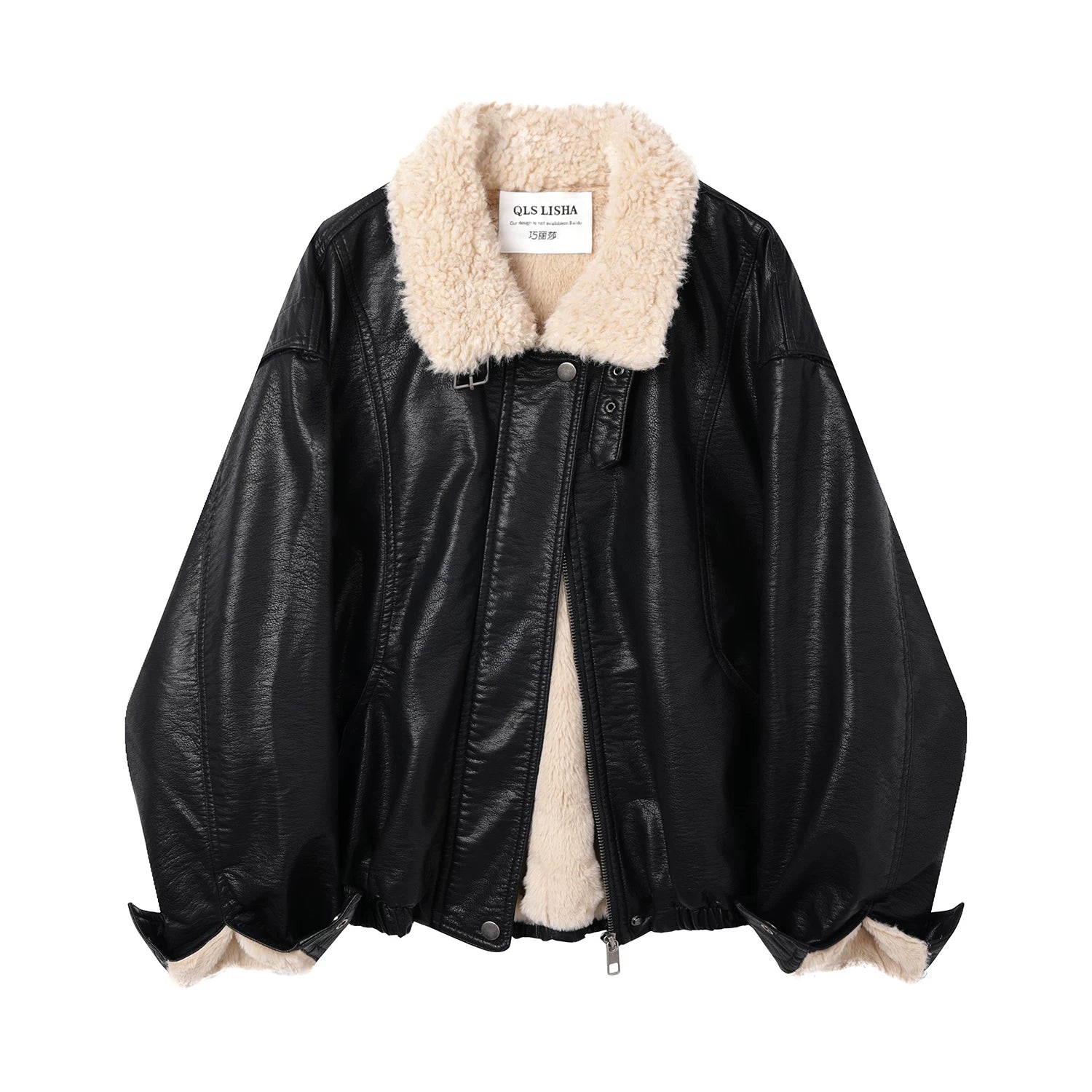 Cholisa Koreya üslubunda Amerika retro Merard qadın üçün yun astarlı palto, qalınlaşdırılmış dəri gödəkçə, qış motosiklet gödəkçəsi.