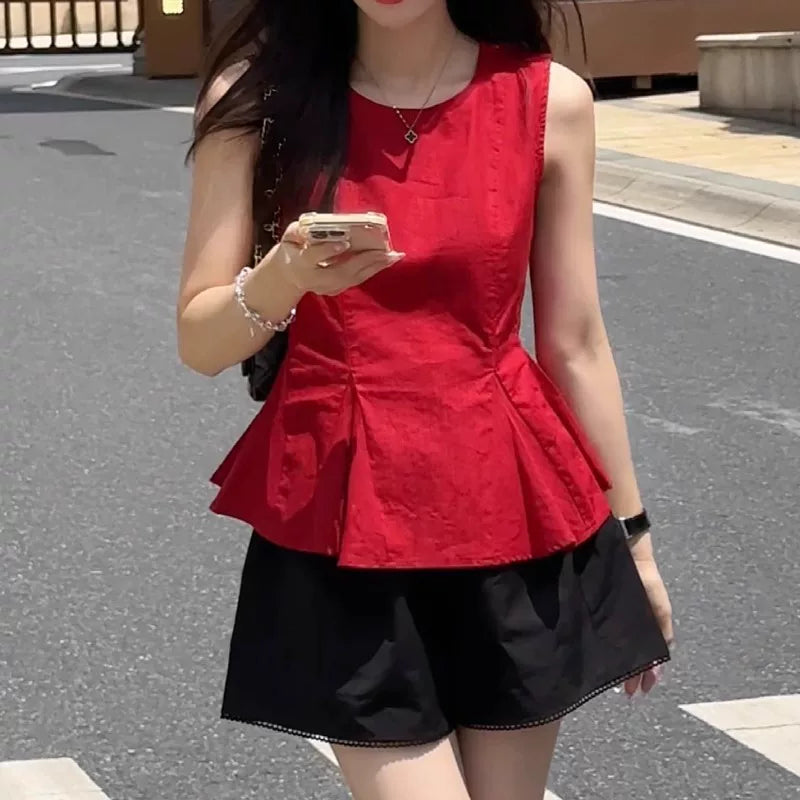 Qadınlar üçün böyük ölçülü, şık qolsuz jilet köynək, yeni yay stili, Koreya dəbi, boş forma, gözəl və arıqladıcı.