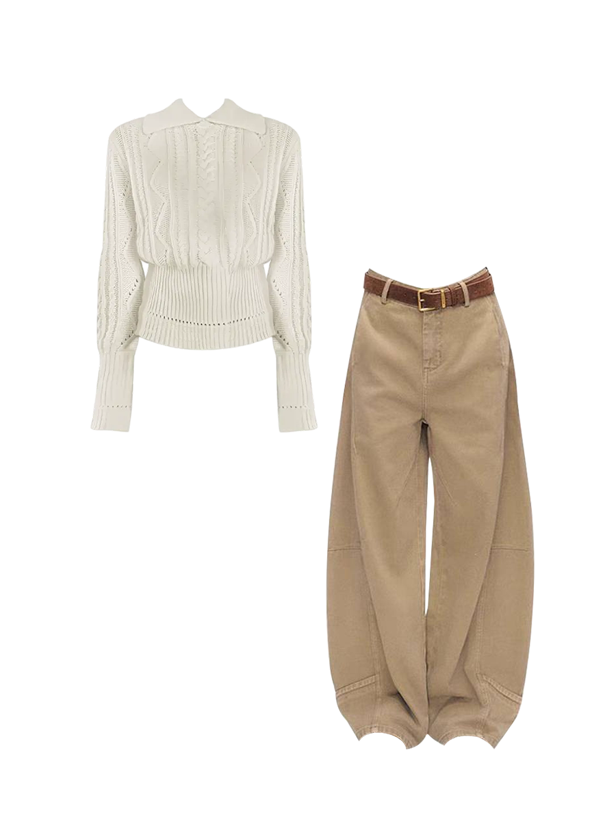 Parkyeon Korean style high-quality collar hollow long-sleeved knitted shirt and cargo straight-leg casual pants two-piece set