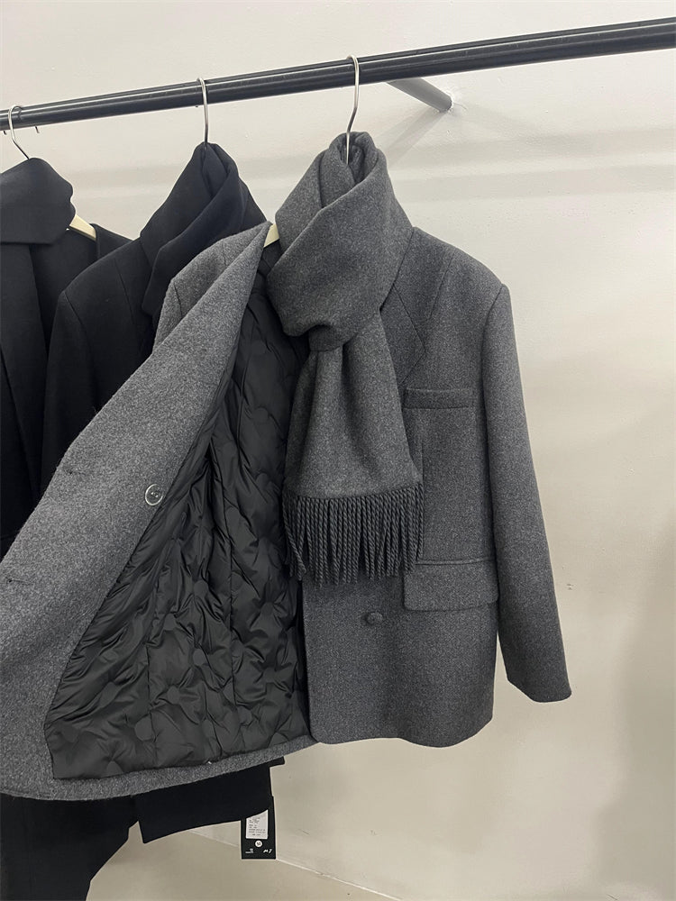 Koreya üslubunda qadınlar üçün ikiqat sinəli şərf kostyumu aşağı gödəkçə, kiçik bədənli qadınlar üçün yüksək səviyyəli qış üslubu, zərif ağ ördək rəngli yun palto.